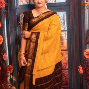 Mustard Yellow Madurai Sungudi Cotton Saree with Maroon Zari Border and striped Pallu
